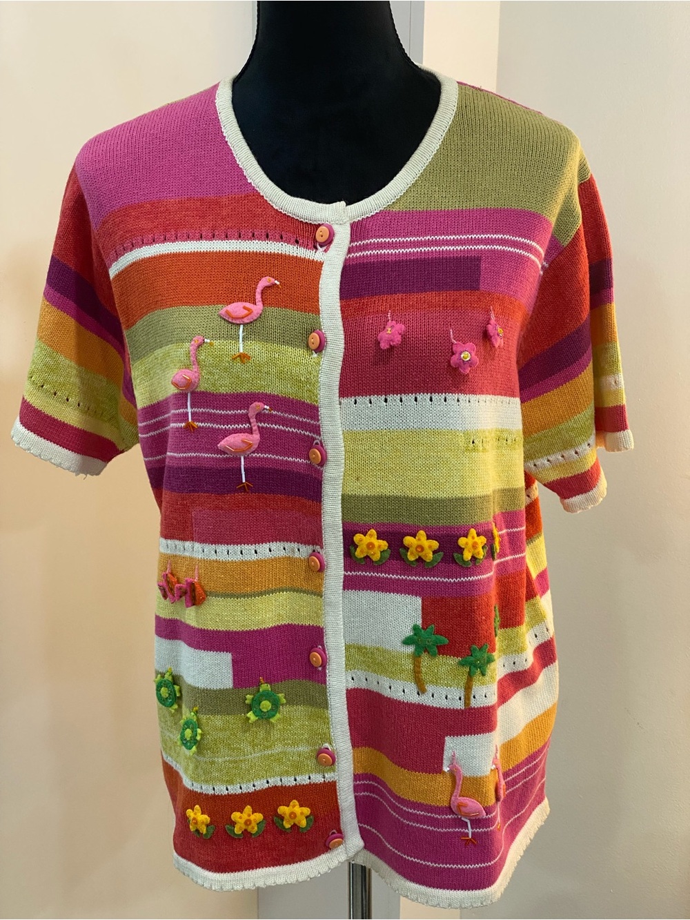 Susan Bristol Pink Orange Green Striped Flamingo Appliqué Cardigan